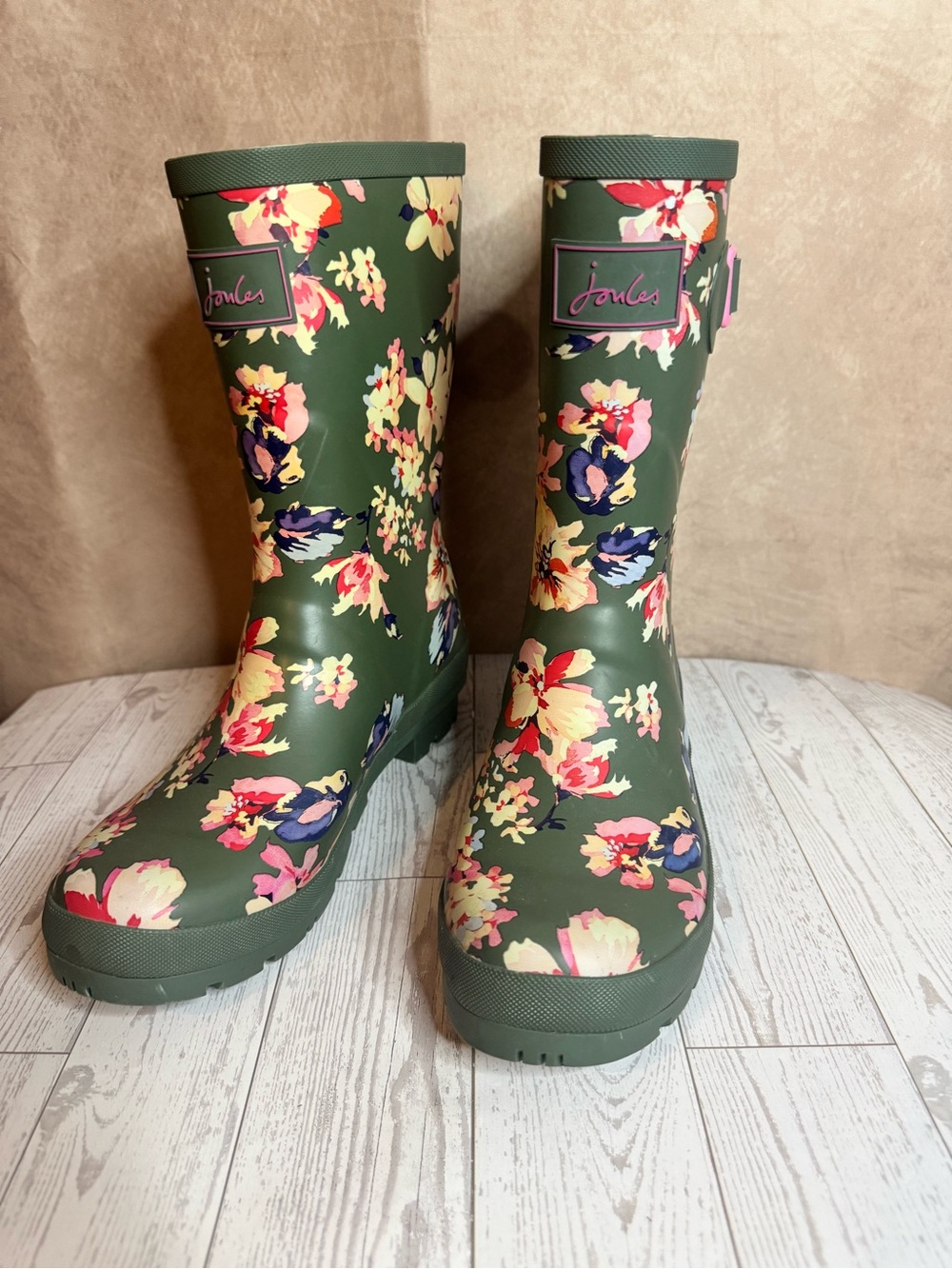 Joules Molly Floral Rain Boots Women’s Size 8 Green Waterproof Wellies